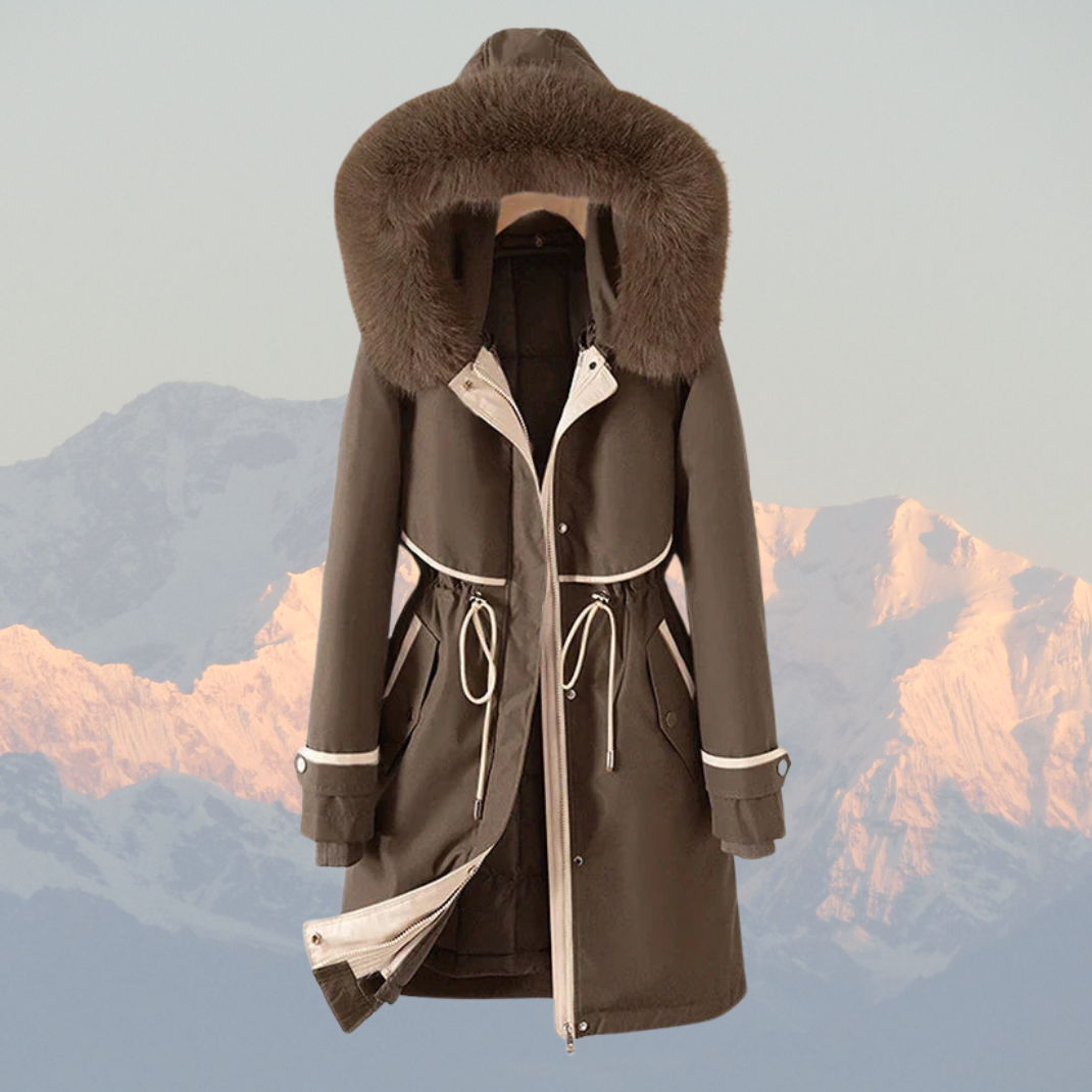 Women’s Parka Jacket – Quilted Lining – Faux Fur Hood – Adjustable Waist – Zip Closure