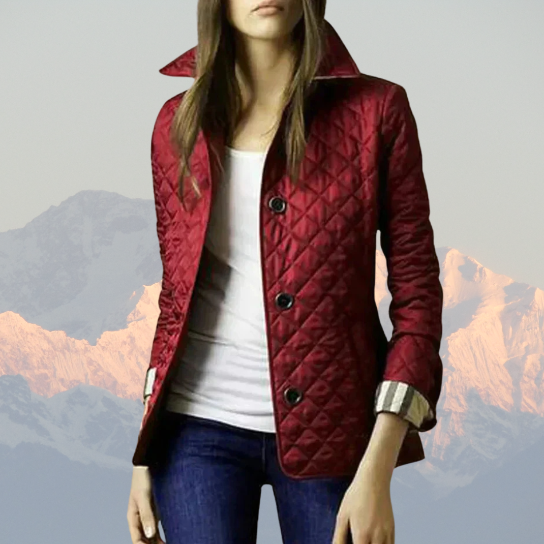 Women’s Quilted Jacket – Tailored Fit – Diamond Pattern – High Collar – Button Front