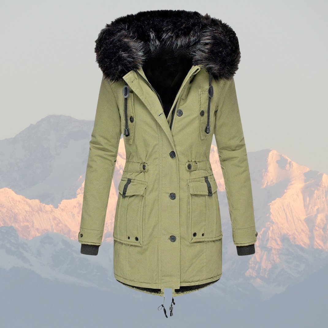 Women’s Coat – Tailored Fit – Faux Fur Hood – Drawstring Waist – Mid-Length Woven Outerwear