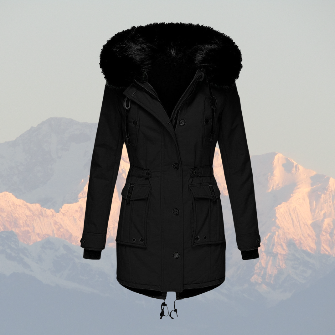 Women’s Coat – Tailored Fit – Faux Fur Hood – Drawstring Waist – Mid-Length Woven Outerwear