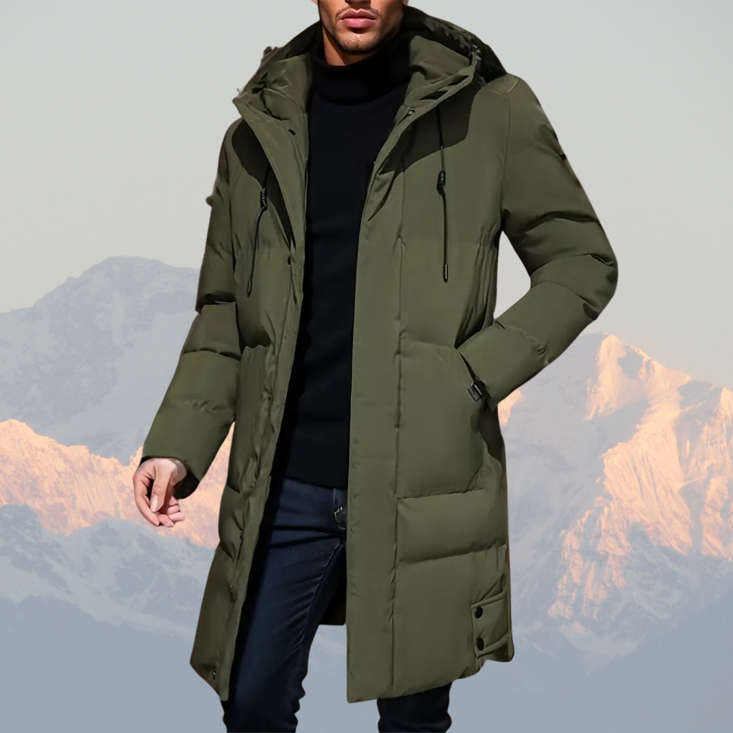 Men’s Long Winter Jacket – Warm, Water-Resistant, Hooded Puffer Coat