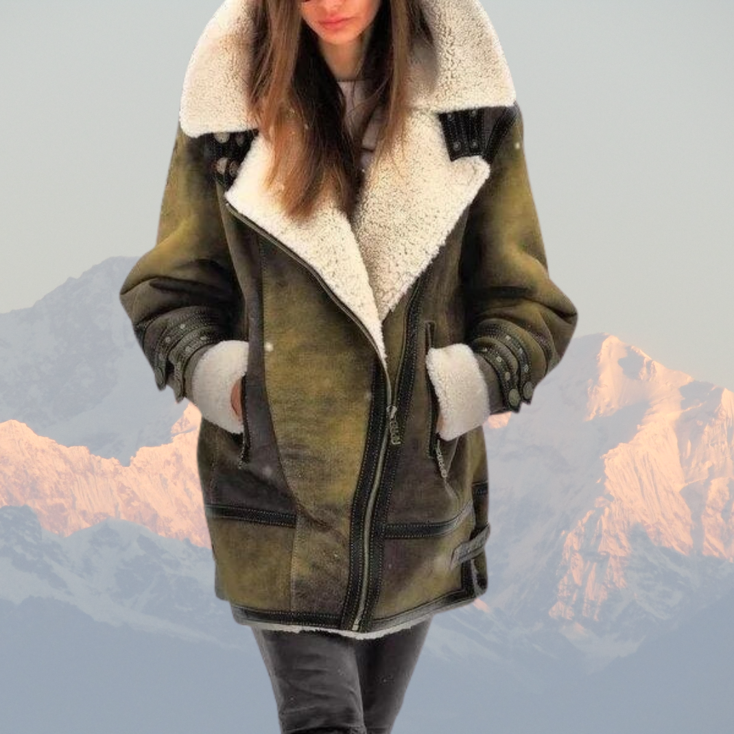 Women’s Shearling Aviator Jacket – Faux Sheepskin Leather Coat with Warm Fleece Lining