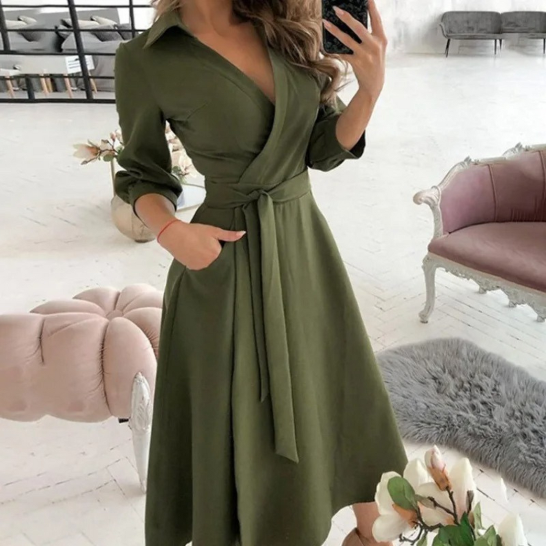 Women's Midi Wrap Dress - Long Sleeve - Belted Waist - Elegant & Versatile Fit