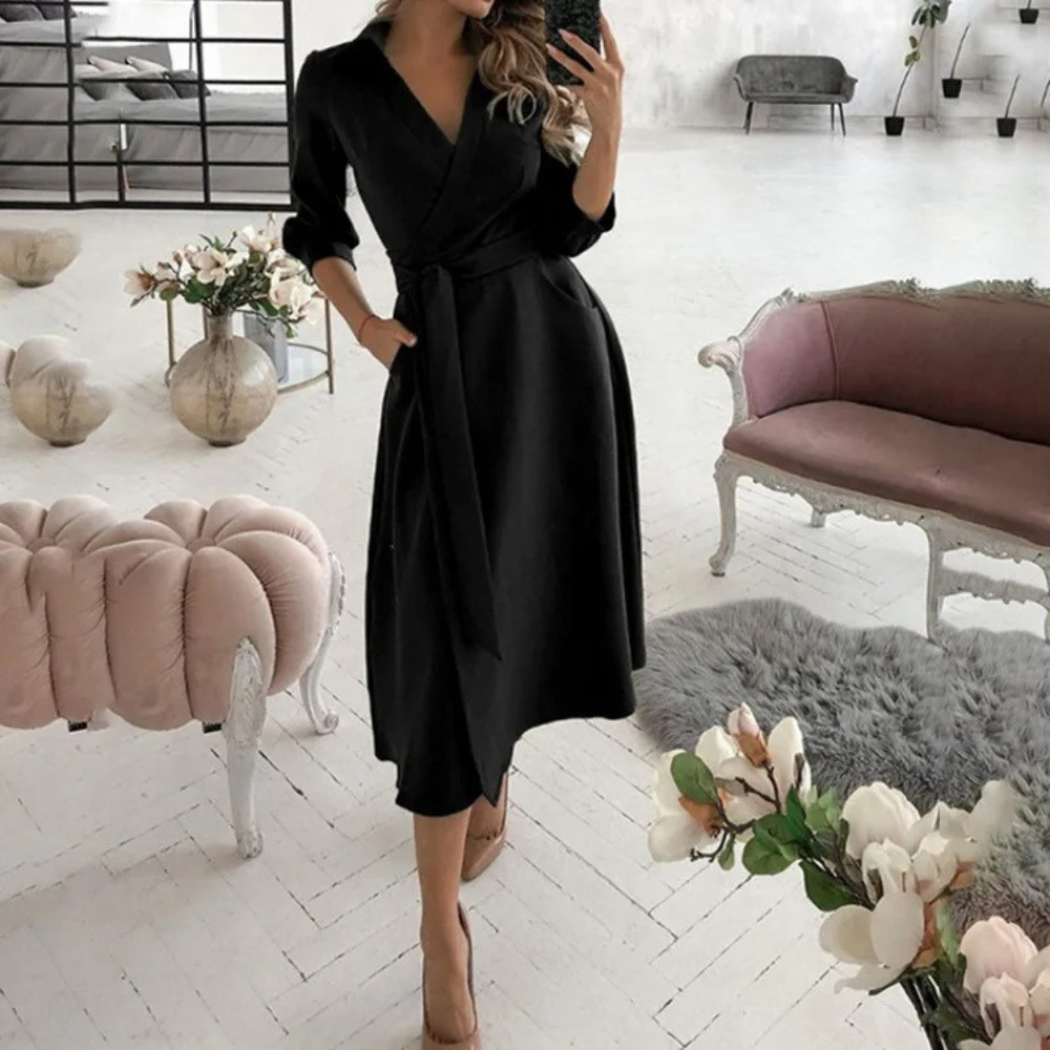 Women's Midi Wrap Dress - Long Sleeve - Belted Waist - Elegant & Versatile Fit