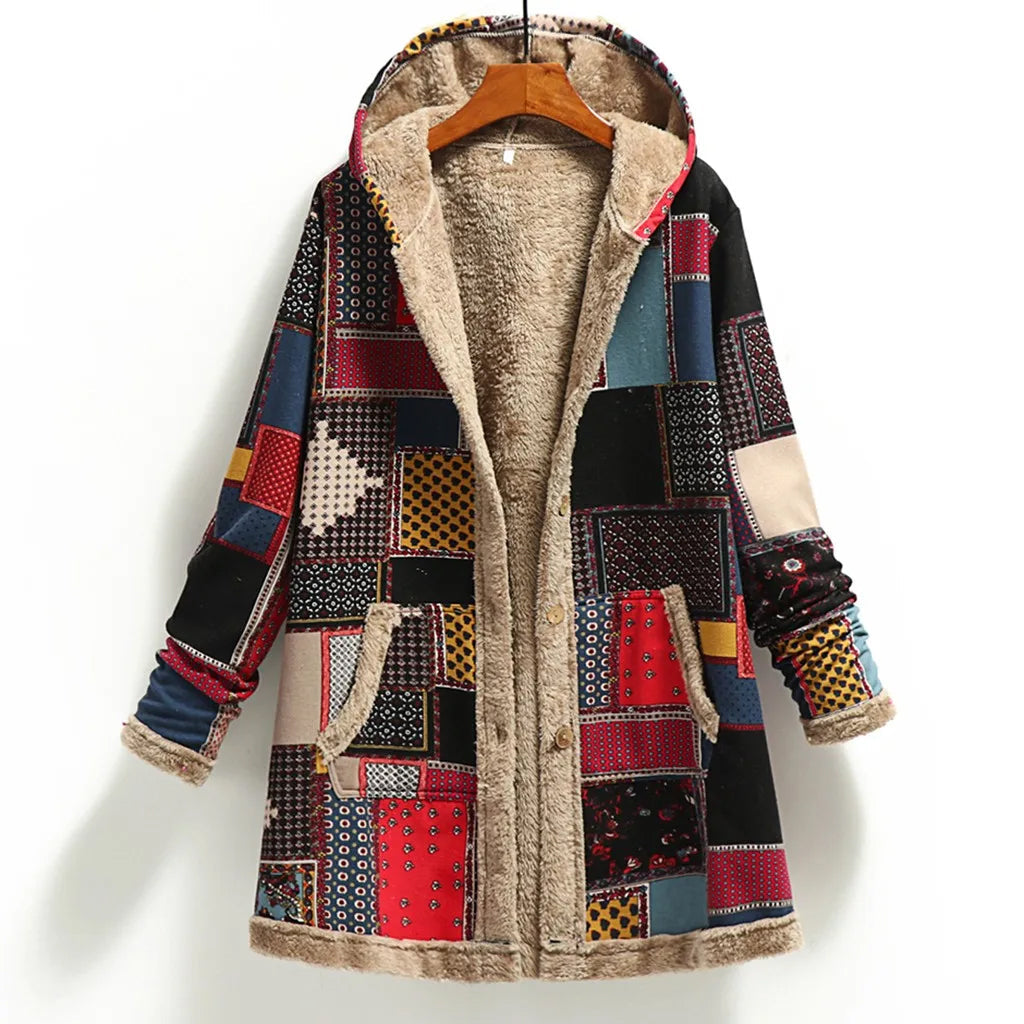 Women’s Jacket – Oversized Fit – Shearling Lined – Patchwork Hooded Casual Style
