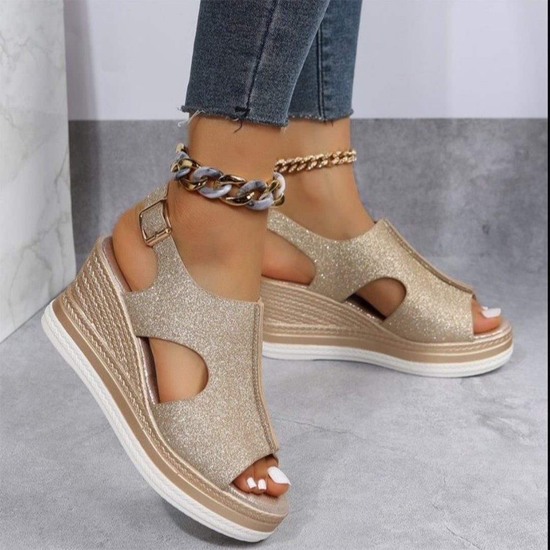 Women's Wedge Sandals - Glitter Finish - Adjustable Ankle Strap - Cutout Design