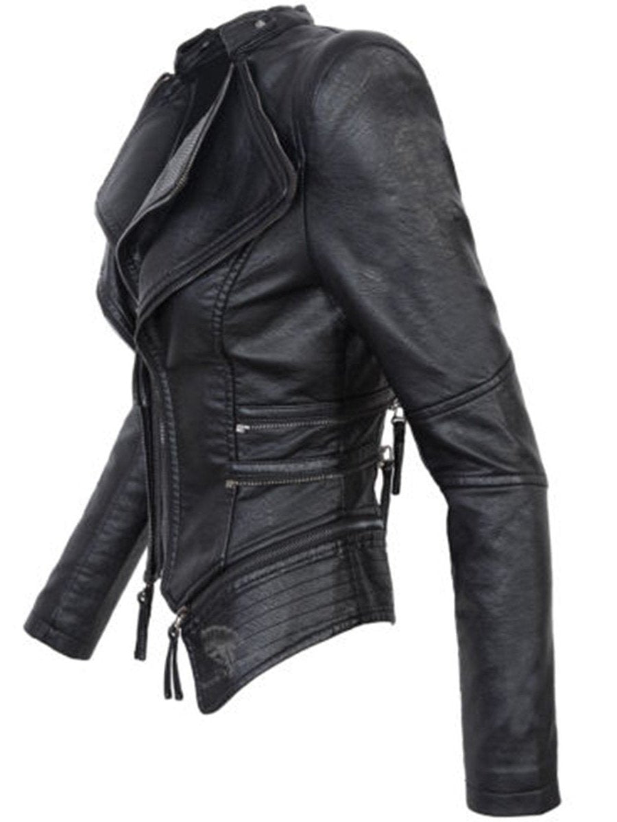 Women's asymmetrical motorcycle leather jacket with zipper closure