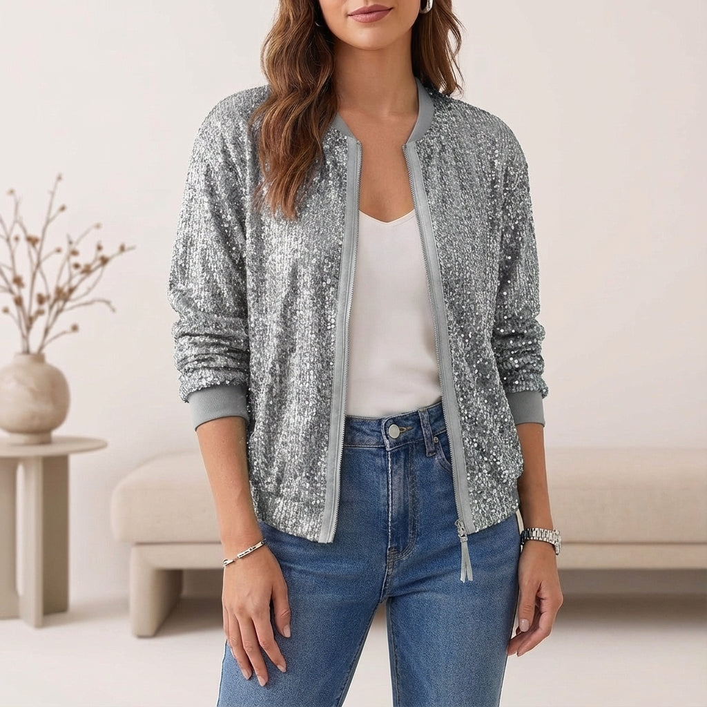 Sequin Bomber Jacket with Relaxed Fit and Stand Collar