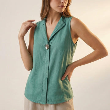 Relaxed-Fit Sleeveless V-Neck Blouse with Statement Button Detail