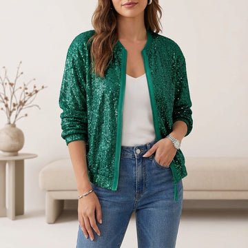 Sequin Bomber Jacket with Relaxed Fit and Stand Collar