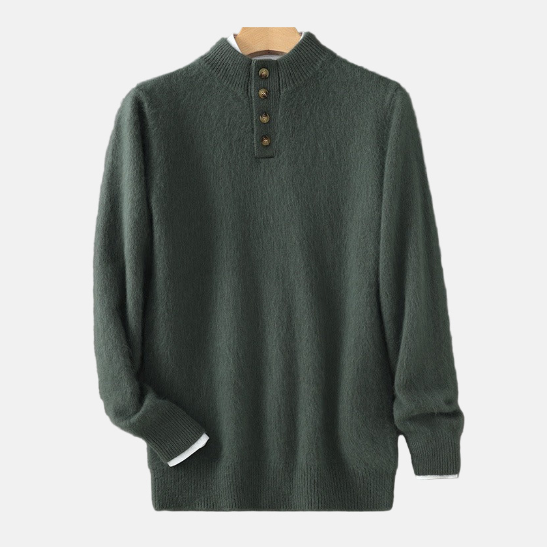 Men’s Sweater - Fine Knit - Regular Fit - Mock Neck - Button Placket