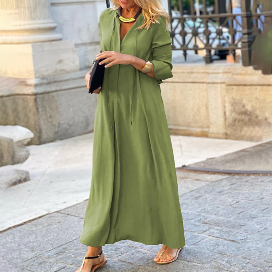 Women's Maxi Dress - Long Sleeve - V-Neck Flowing Elegant Casual Wear