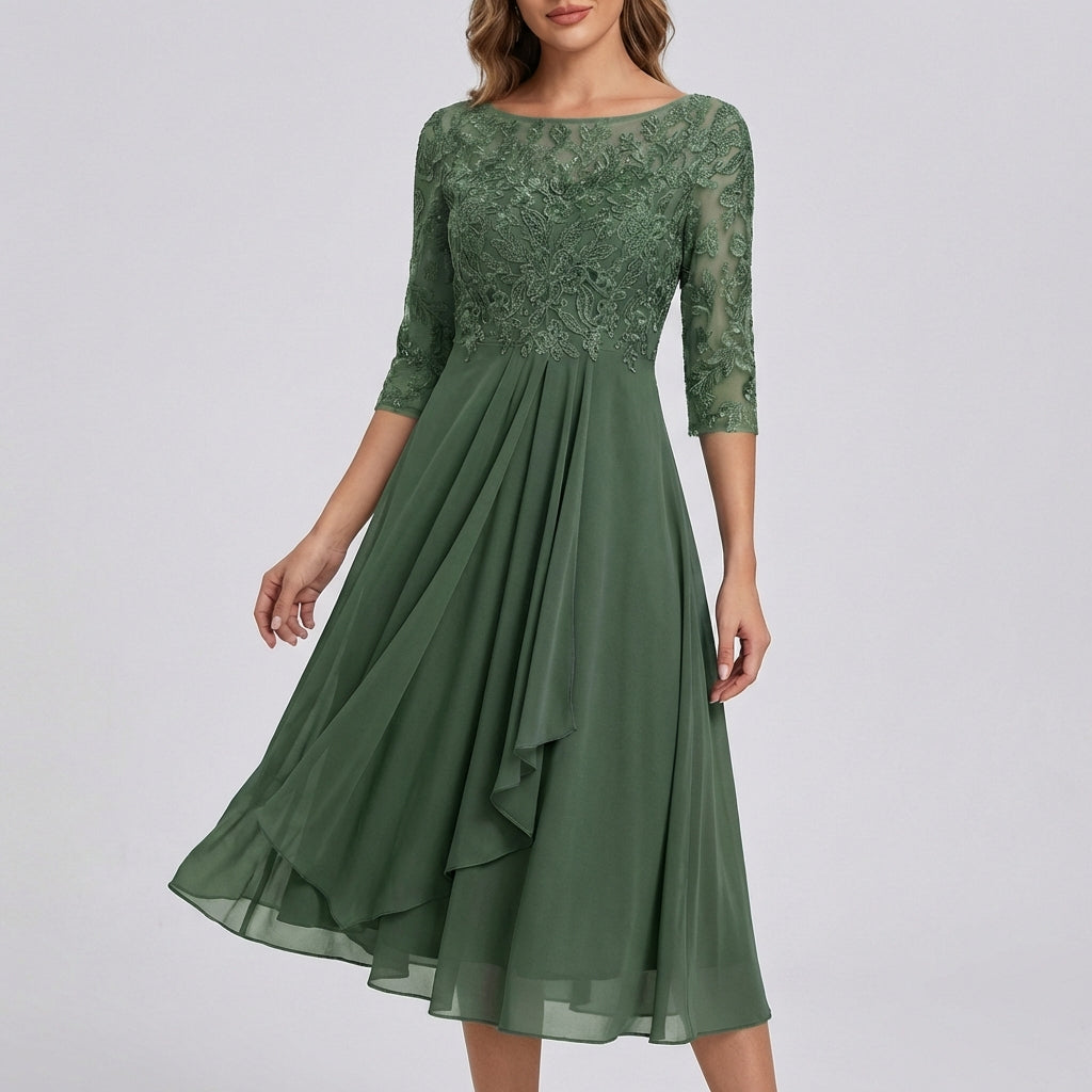 Elegant Lace Bodice High-Low Midi Dress – Sophisticated Summer Gala