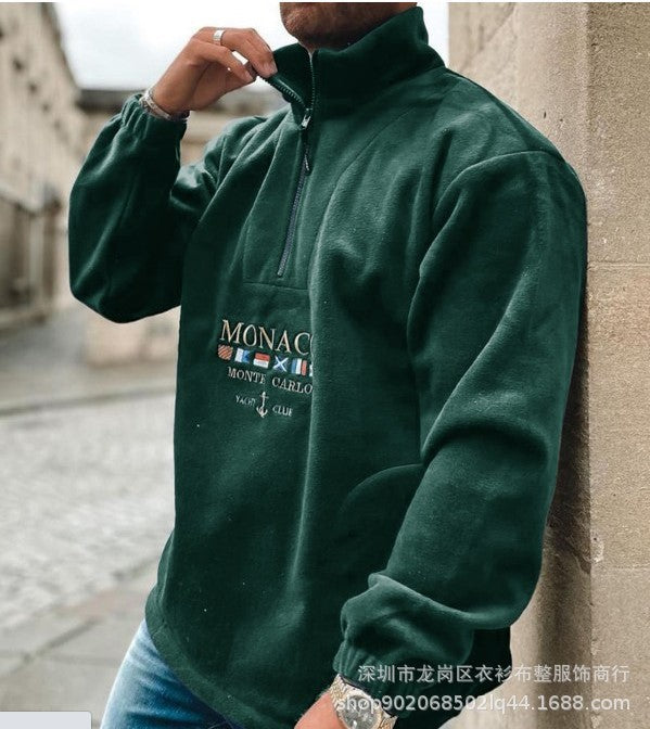 Men's embroidered sweatshirt with turtleneck zipper placket