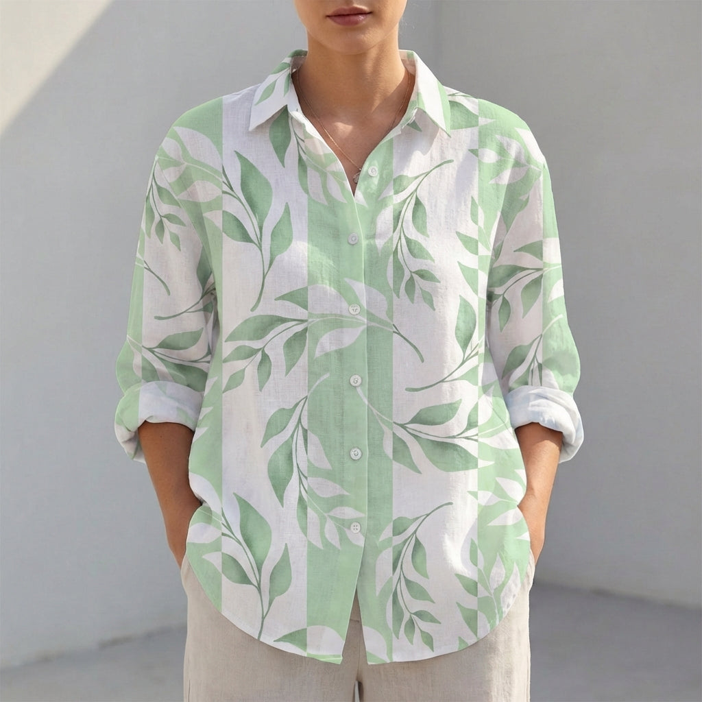 Relaxed Tunic Shirt with Collared V-Neck and Roll-Tab Sleeves