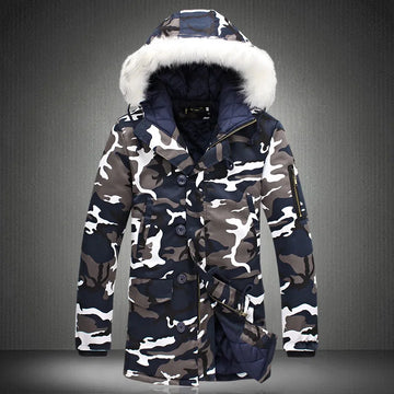 Men's military-style parka jacket with camo pattern