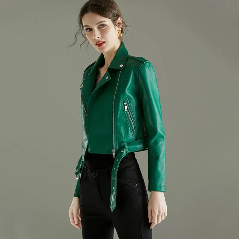 Women's green faux leather biker jacket for a bold edge