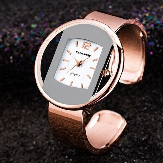 Crystal Inset Open Round Bezel Cuff Watch