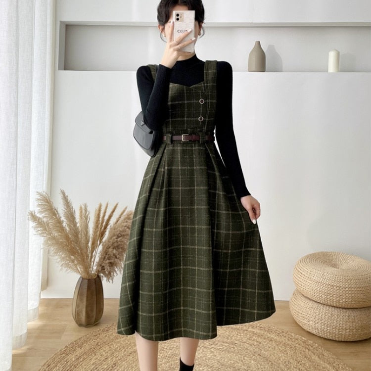 Women's Pinafore Dress - A-Line Silhouette - Plaid Pattern - Button Front with Belt