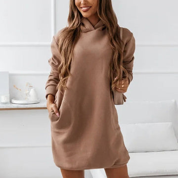 Women's Hoodie Dress - Soft Cotton Blend - Relaxed Fit - Long Sleeve with Pockets