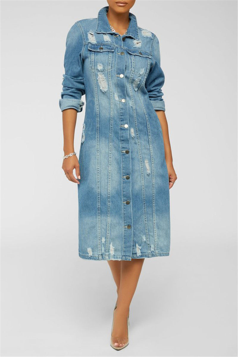 Women's long denim jacket for a chic layered look