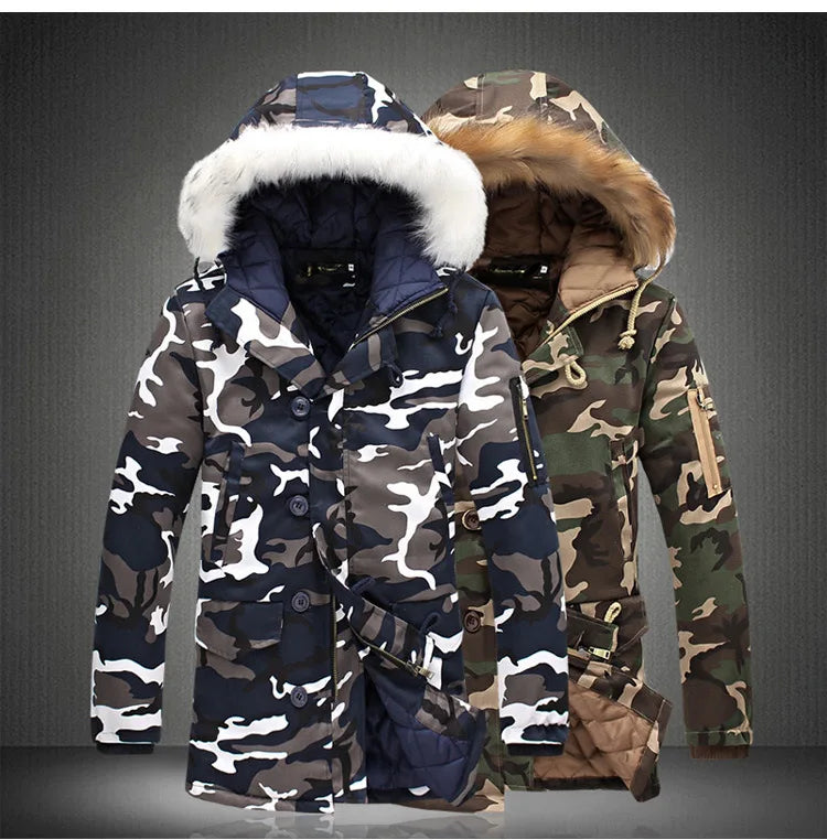 Men's military-style parka jacket with camo pattern