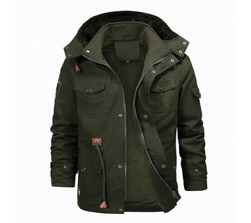 Men's hooded cargo winter jacket with multiple pockets