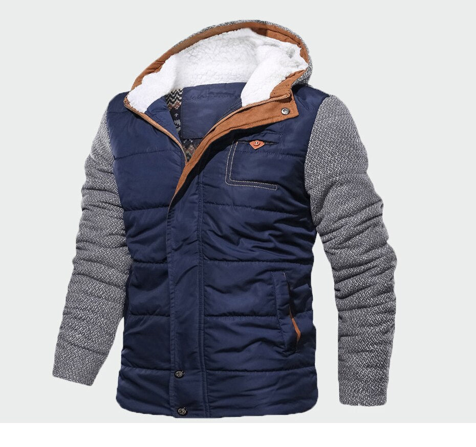 Men's puffer winter coat with knit sleeves and detachable hood