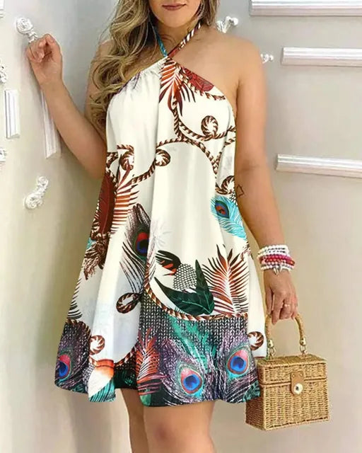 Women's Halter Neck Sundress - Flowing A-Line Fit - Tropical Leaf Print - Lightweight