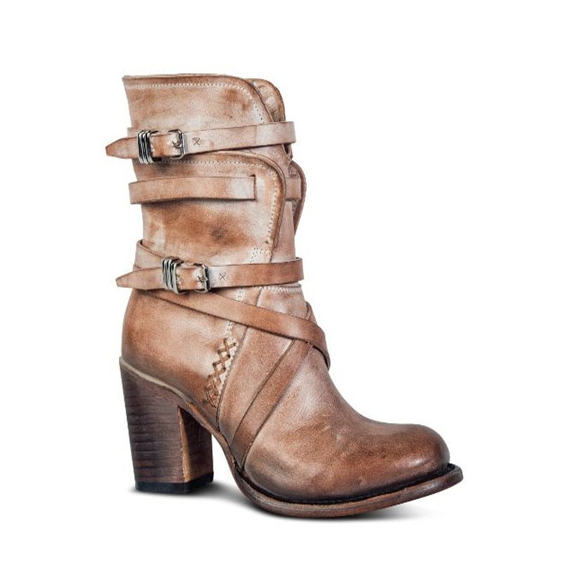 Women's Leather Ankle Boots - Slouchy Distressed Design - Buckle Straps - Block Heel