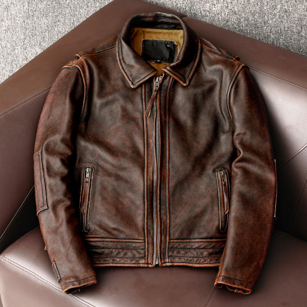 Men's distressed leather biker jacket for a rugged look