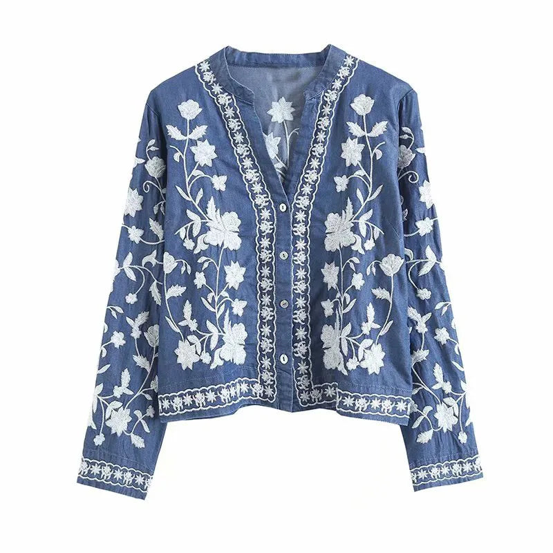 Women's floral embroidered denim jacket for boho charm