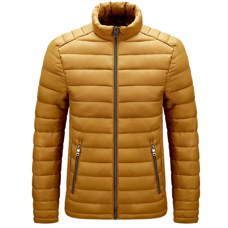 Winter men's lightweight jacket with stand-up collar and zipper pockets