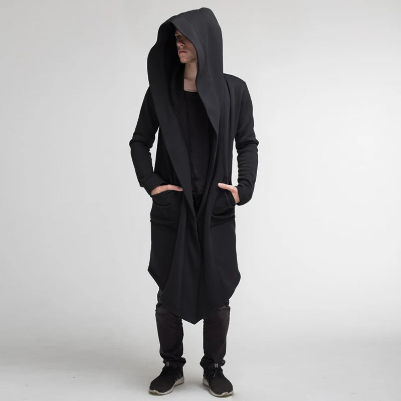 Men's long cardigan hooded cape coat