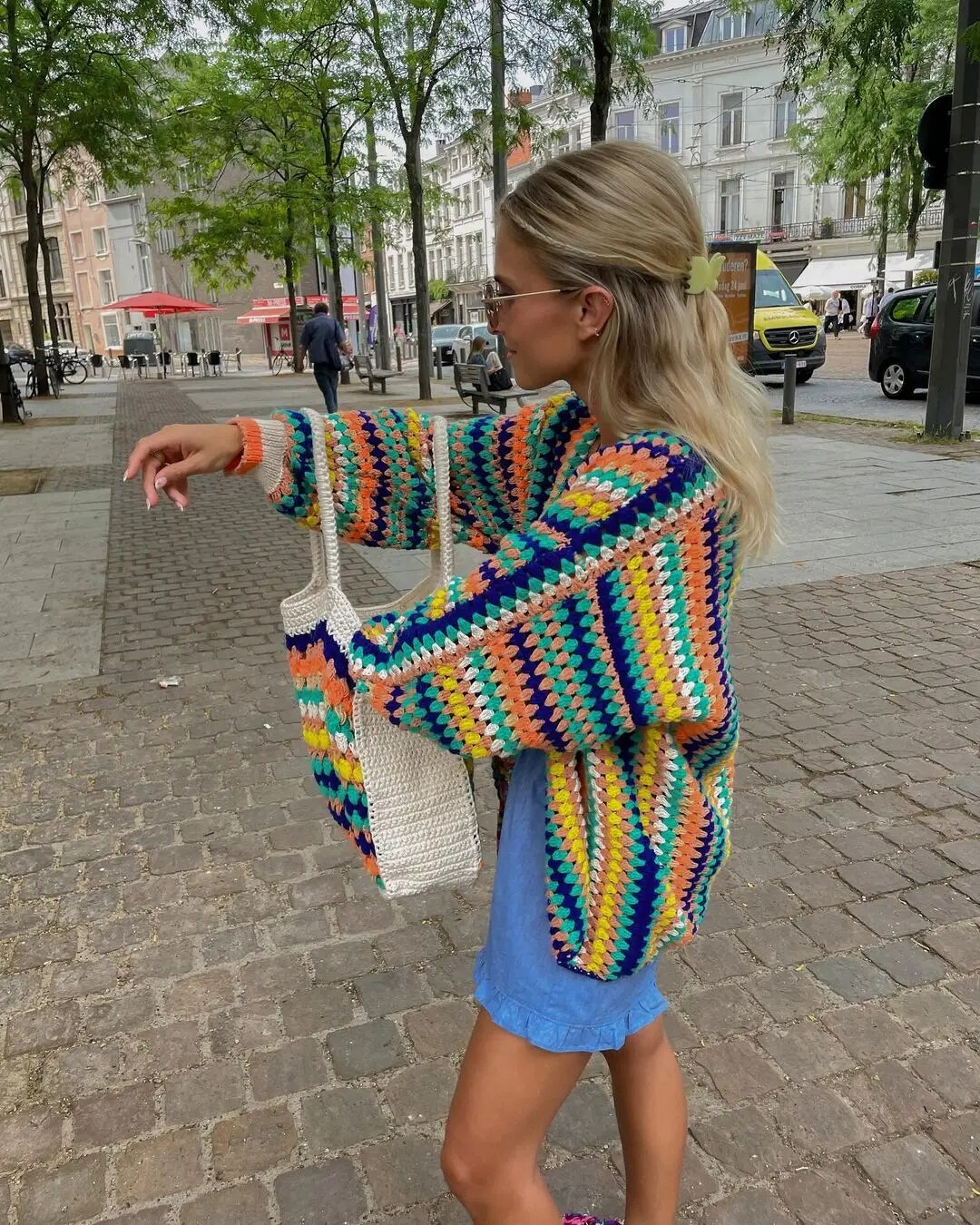 Women's colorful crochet cardigan for a retro boho look