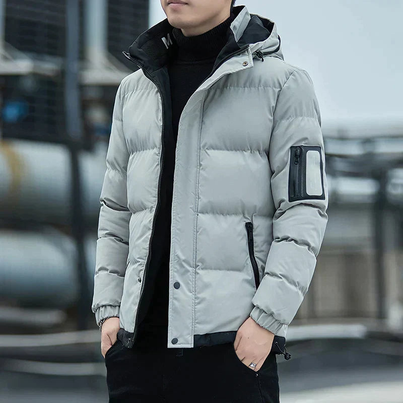 Fashionable city style men’s jacket with hooded design and pockets