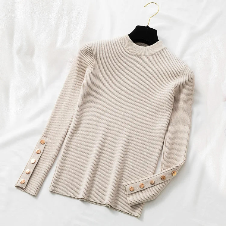 Long sleeve sweater with metallic button cuffs for women