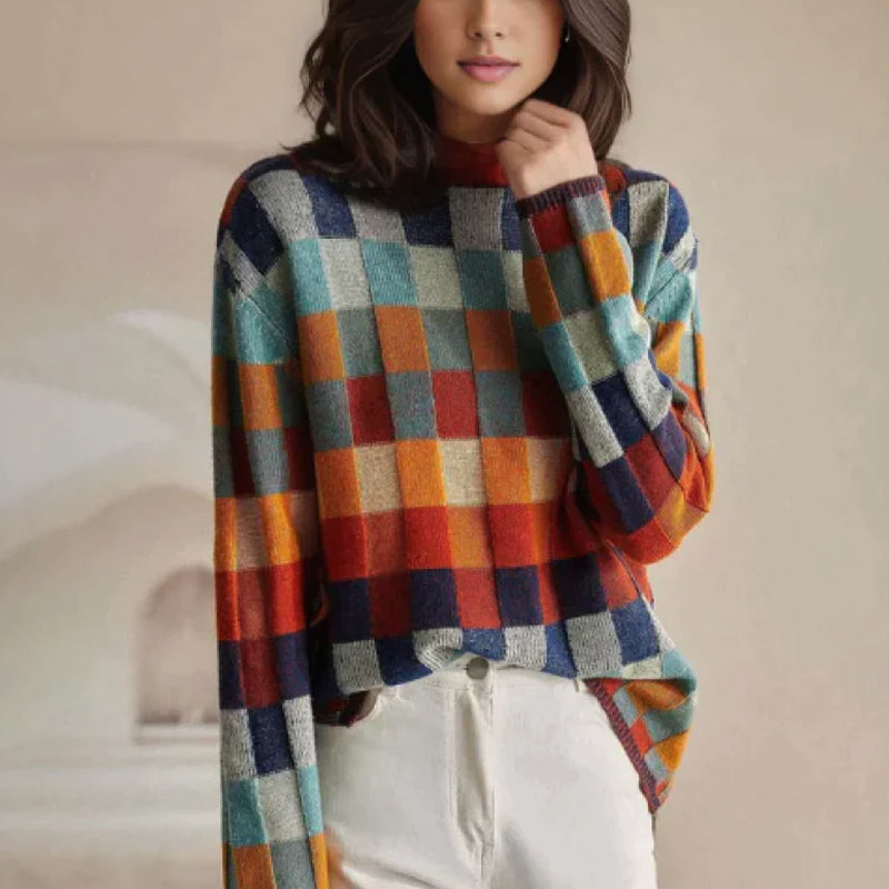 Women's oversized plaid sweater with patchwork design