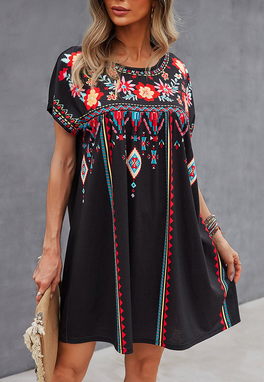 Women's Embroidered Midi Dress - Short Sleeve - Boho Casual Loose Fit