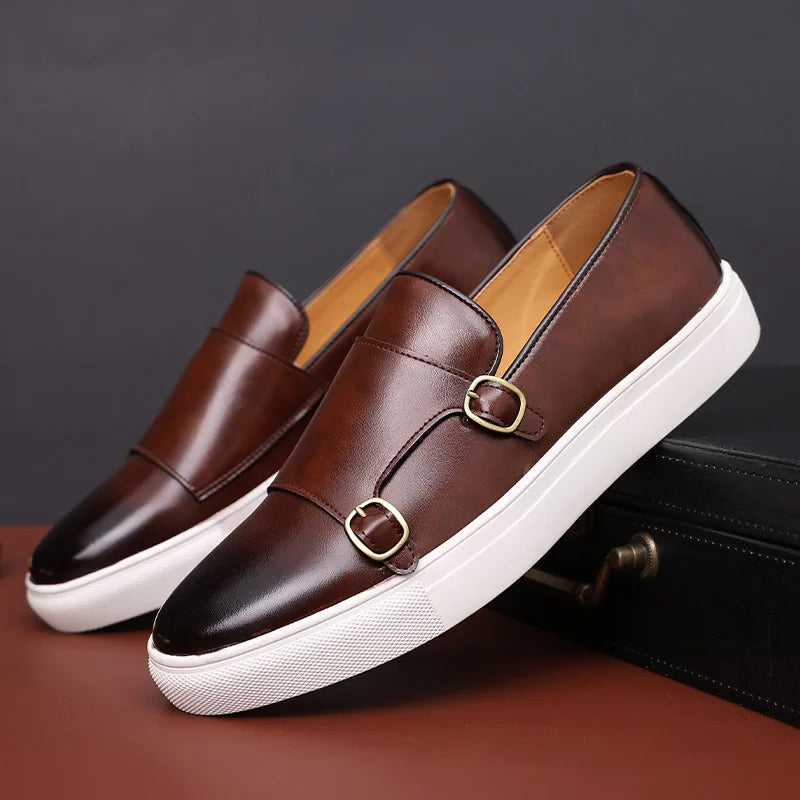 Men's double monk strap loafers with white sole