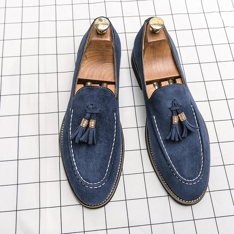 Men's suede loafers with gold tone tassel