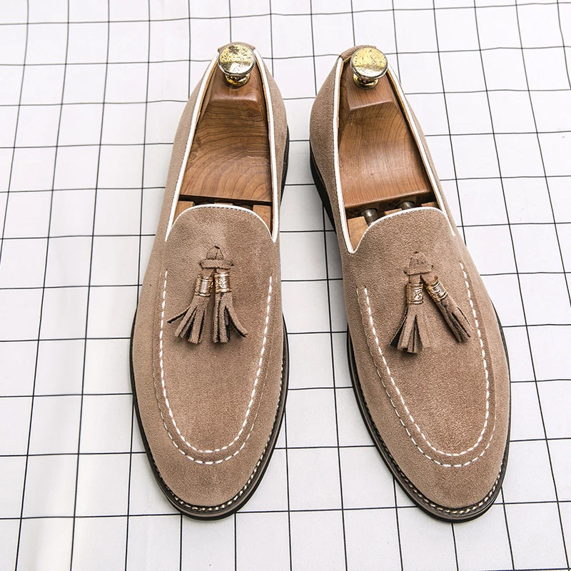 Men's suede loafers with gold tone tassel