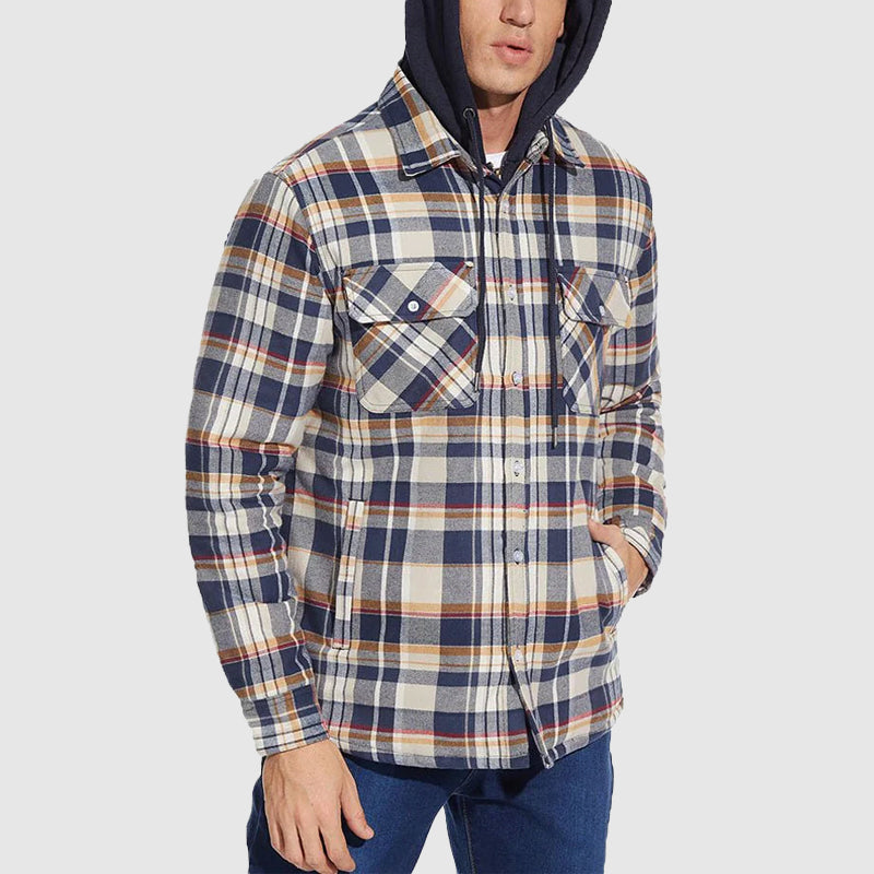 Theodore Quilted Hooded Jacket | Check Button Front Chest Pockets Jacket