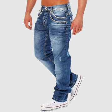 Men's distressed denim joggers with multiple pockets