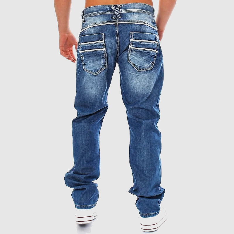 Men's distressed denim joggers with multiple pockets