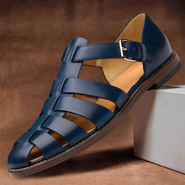 Men's open-toe leather sandals with buckle