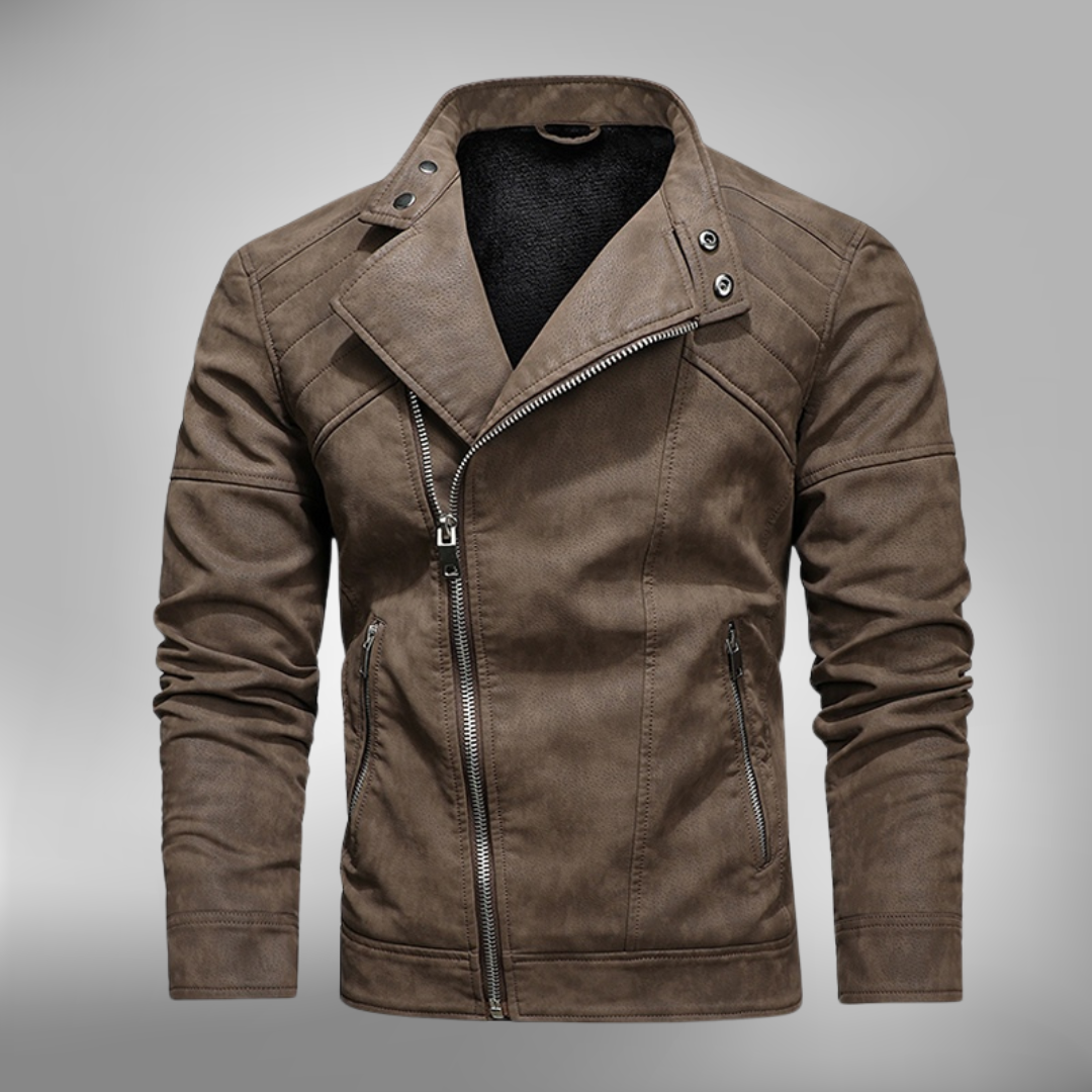 Men’s Jacket - Faux Leather - Slim Fit - Band Collar - Asymmetrical Zipper