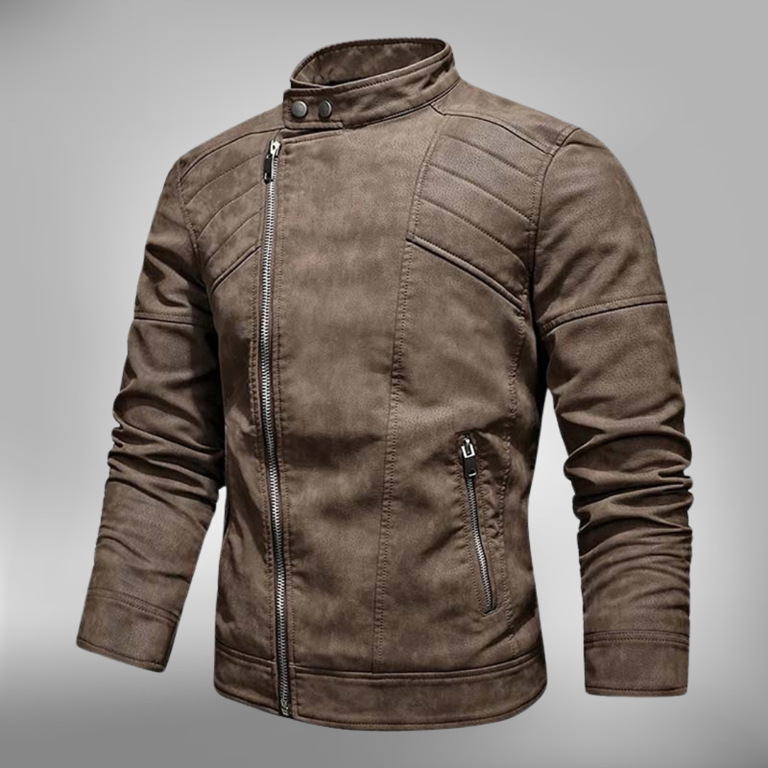 Men’s Jacket - Faux Leather - Slim Fit - Band Collar - Asymmetrical Zipper