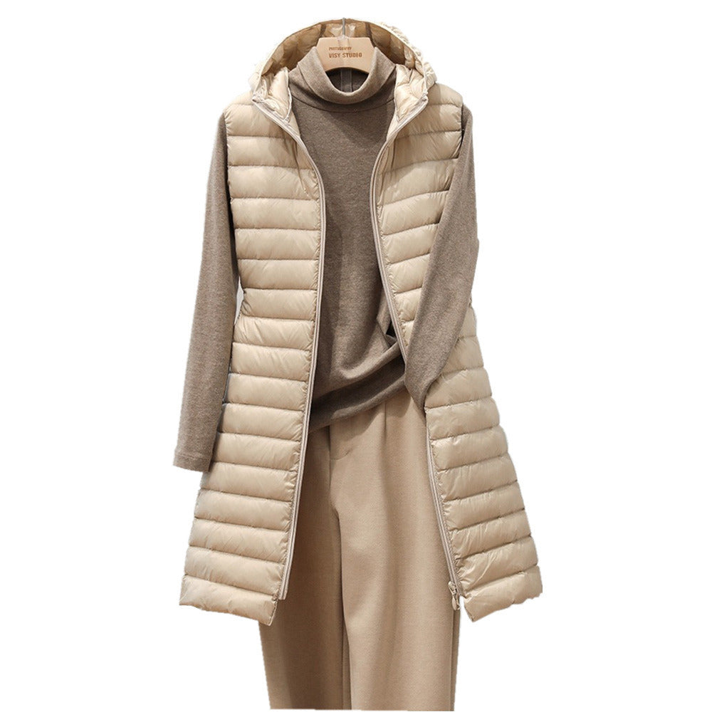 Women's autumn and winter mid-length hooded lightweight vest