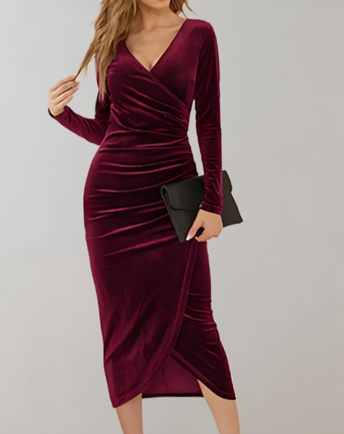 Women's Wrap Bodycon Dress - V-Neck - Long Sleeve - Ruched Fitted Elegant Style